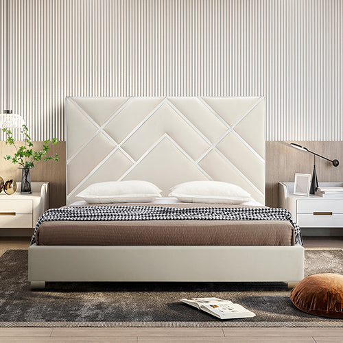 Luxurious Beige Upholstered Bed Frame with Foam Headboard