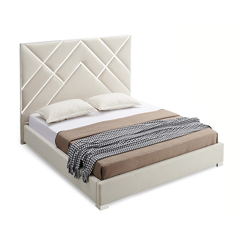 Luxurious Beige Upholstered Bed Frame with Foam Headboard