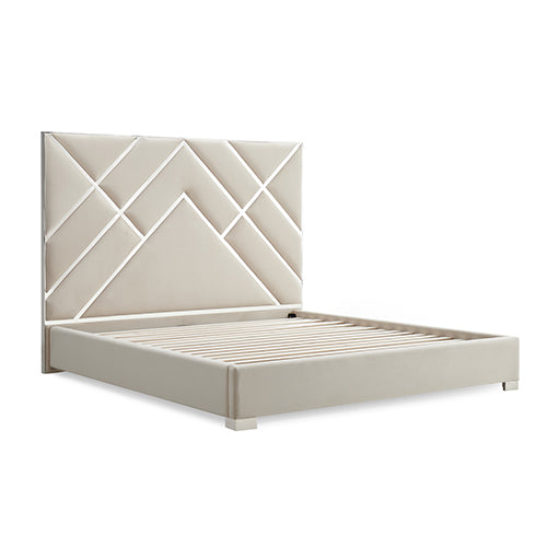 Luxurious Beige Upholstered Bed Frame with Foam Headboard