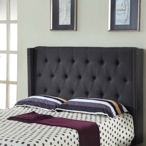 Padded Studded Charcoal Queen Headboard, Linen, Wooden Feet