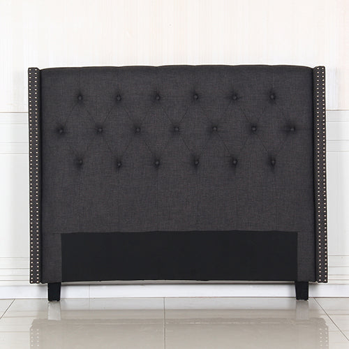 Padded Studded Charcoal Queen Headboard, Linen, Wooden Feet