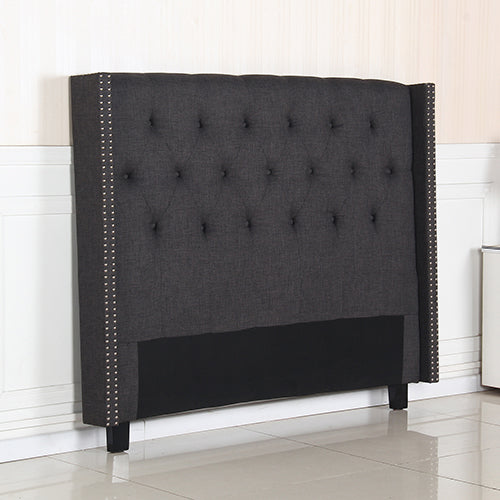 Padded Studded Charcoal Queen Headboard, Linen, Wooden Feet