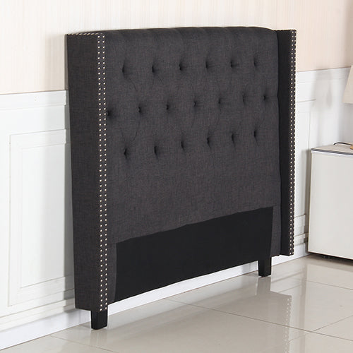 Padded Studded Charcoal Queen Headboard, Linen, Wooden Feet