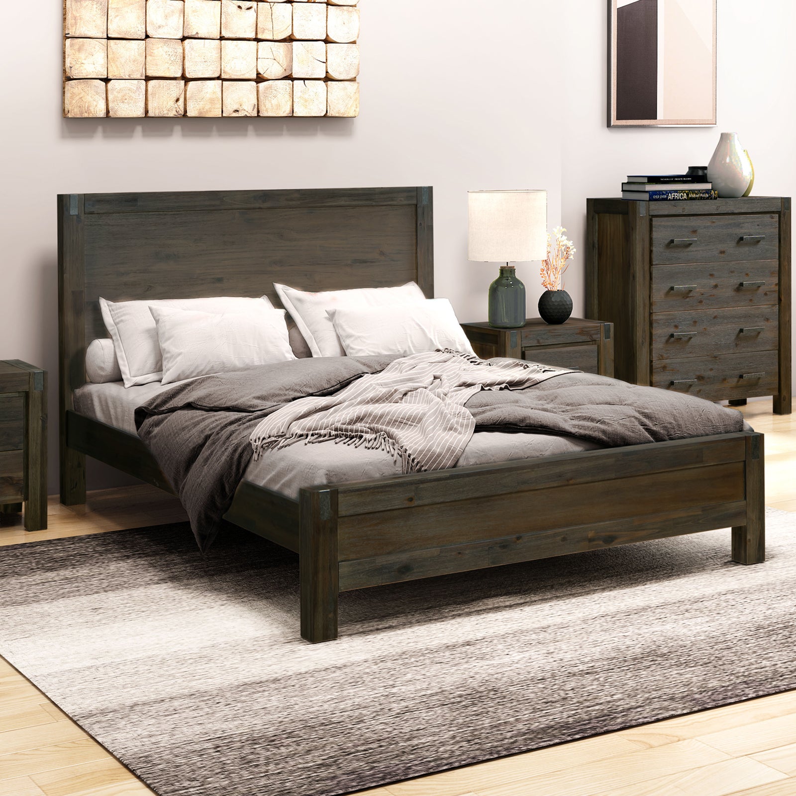 Solid Acacia Wood Double Bed Frame, Chocolate Finish