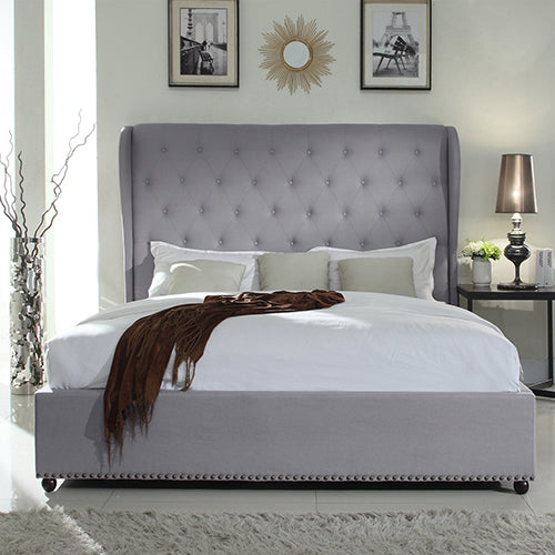 Grey Upholstered Queen Bed Frame with High Headboard