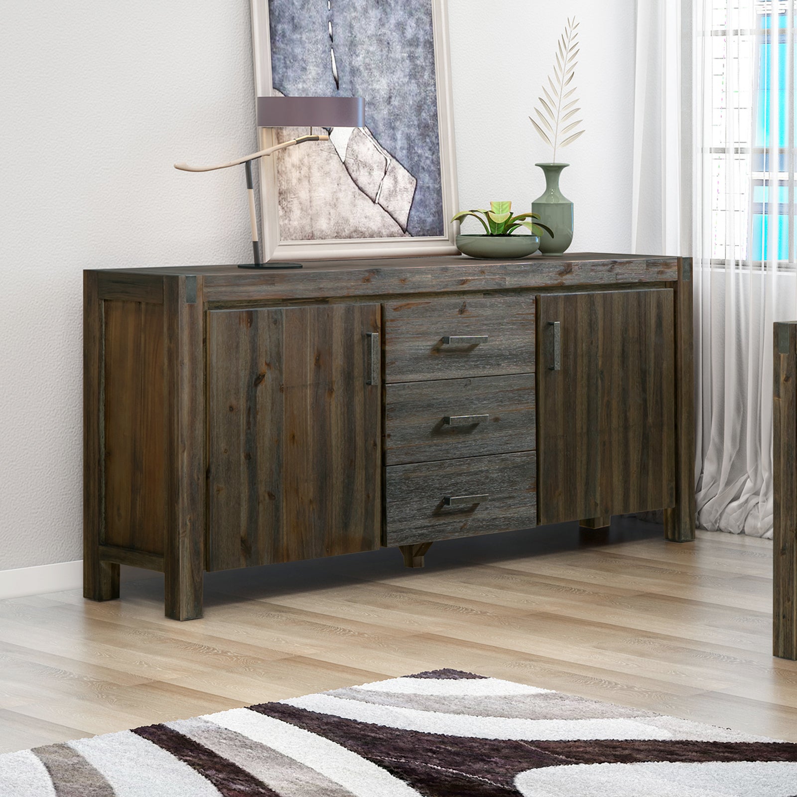 Solid Acacia Frame Buffet Sideboard with Storage and Drawers