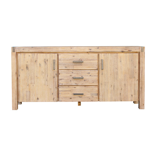 Oak Buffet Sideboard, Solid Acacia Wood, Metal Finish, 3 Drawers