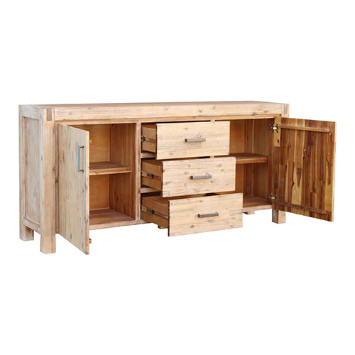 Oak Buffet Sideboard, Solid Acacia Wood, Metal Finish, 3 Drawers