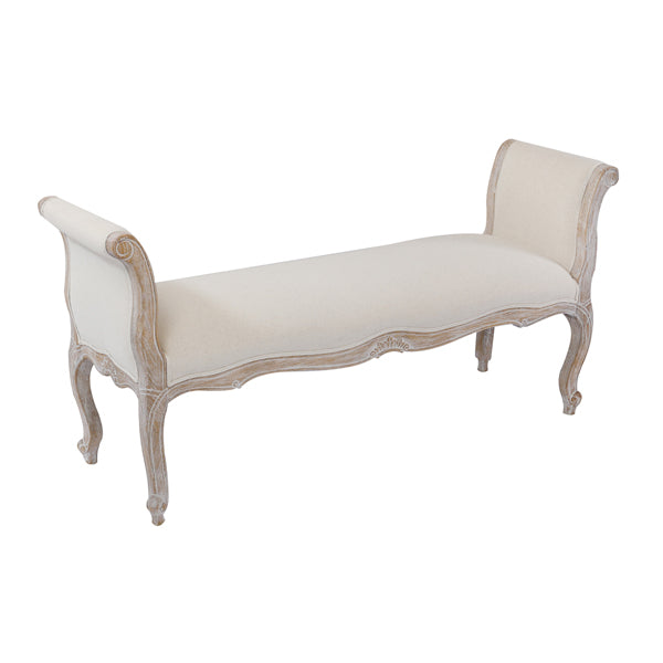 Vintage Oak Wood Upholstered Linen Bench Chair, White Washed