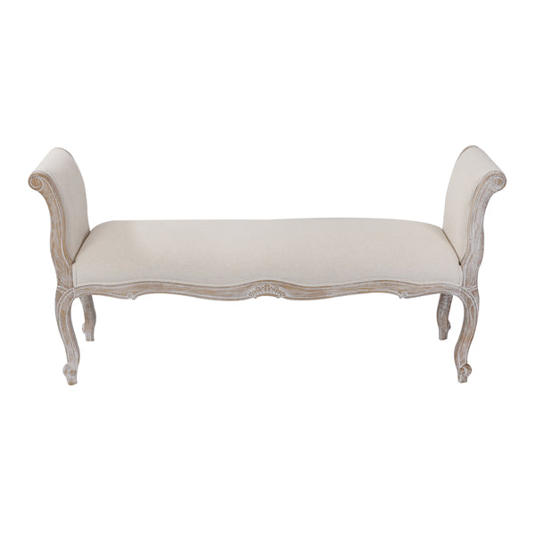 Vintage Oak Wood Upholstered Linen Bench Chair, White Washed