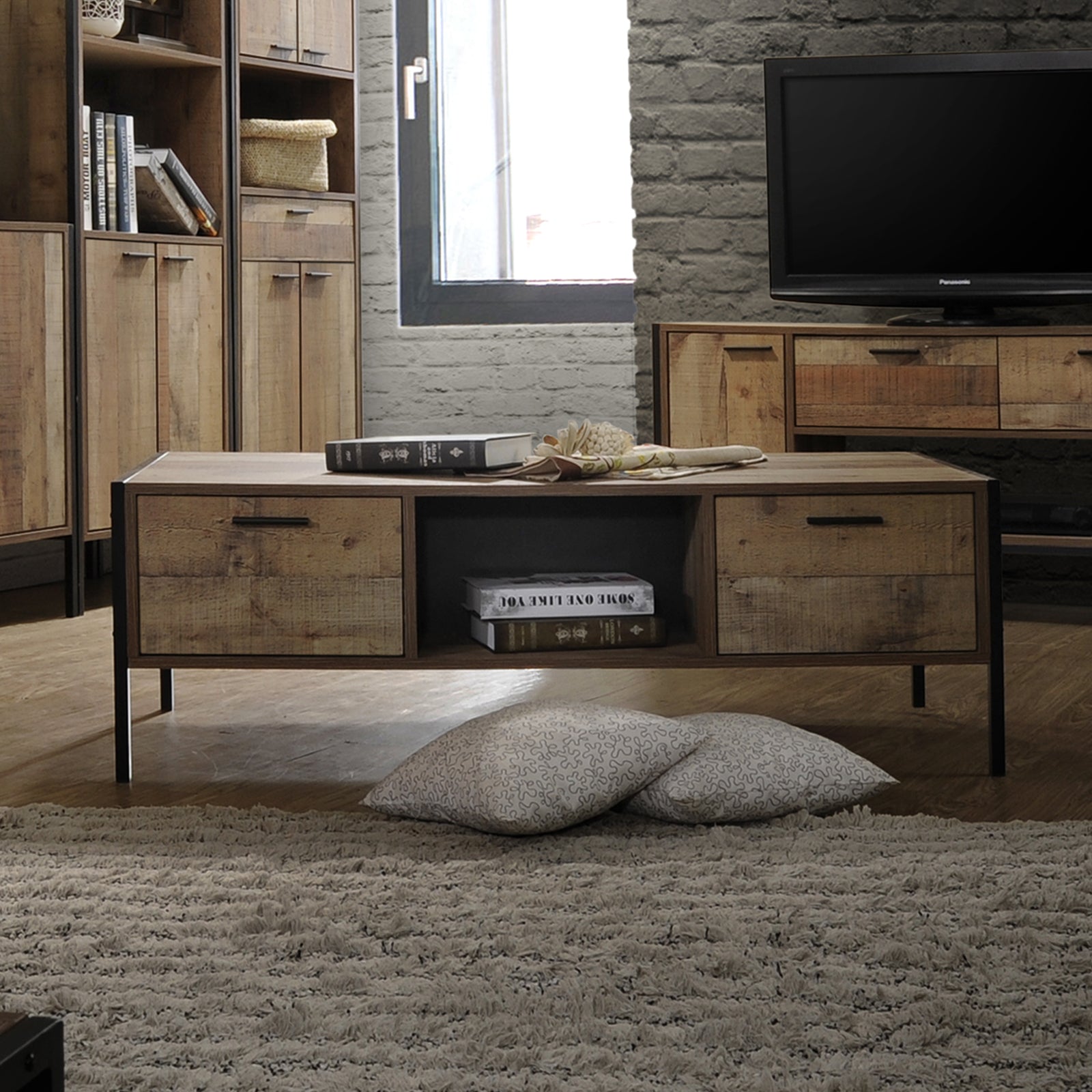 Rustic Wood Metal Coffee Table with Drawers Storage Mascot