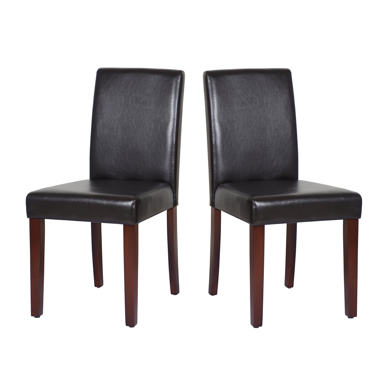 2x Brown Leatherette Dining Chairs with Mid-Back & Pine Legs