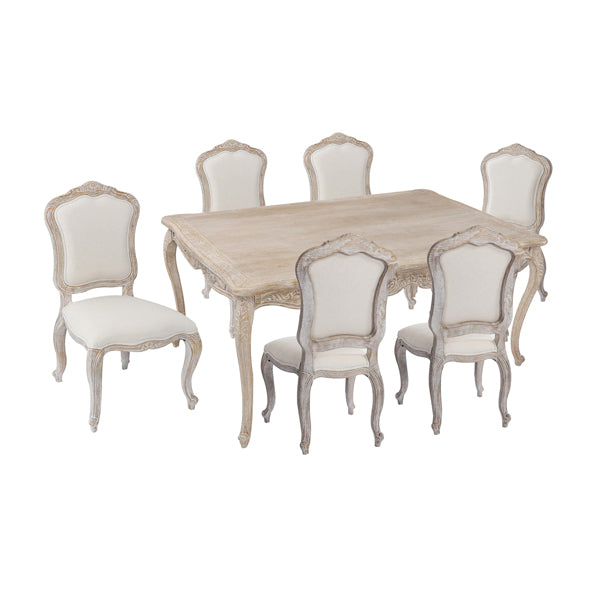 White Washed Oak Wood Dining Set with Linen Seats, 7Pc