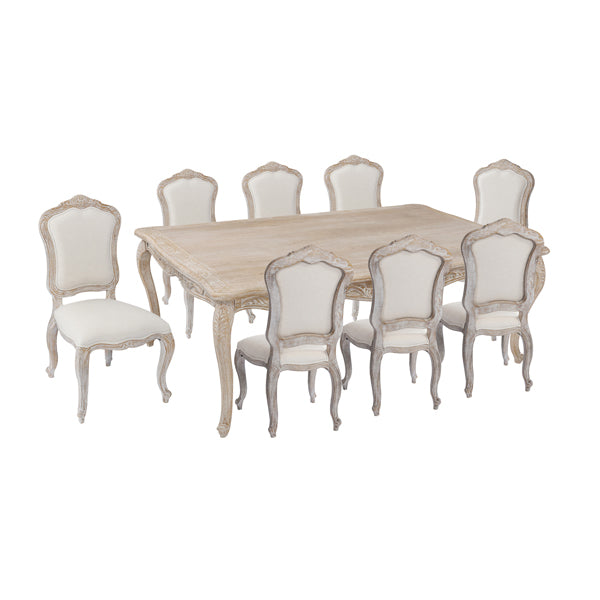 Oak Wood White Washed Large Dining Set with Linen Chairs