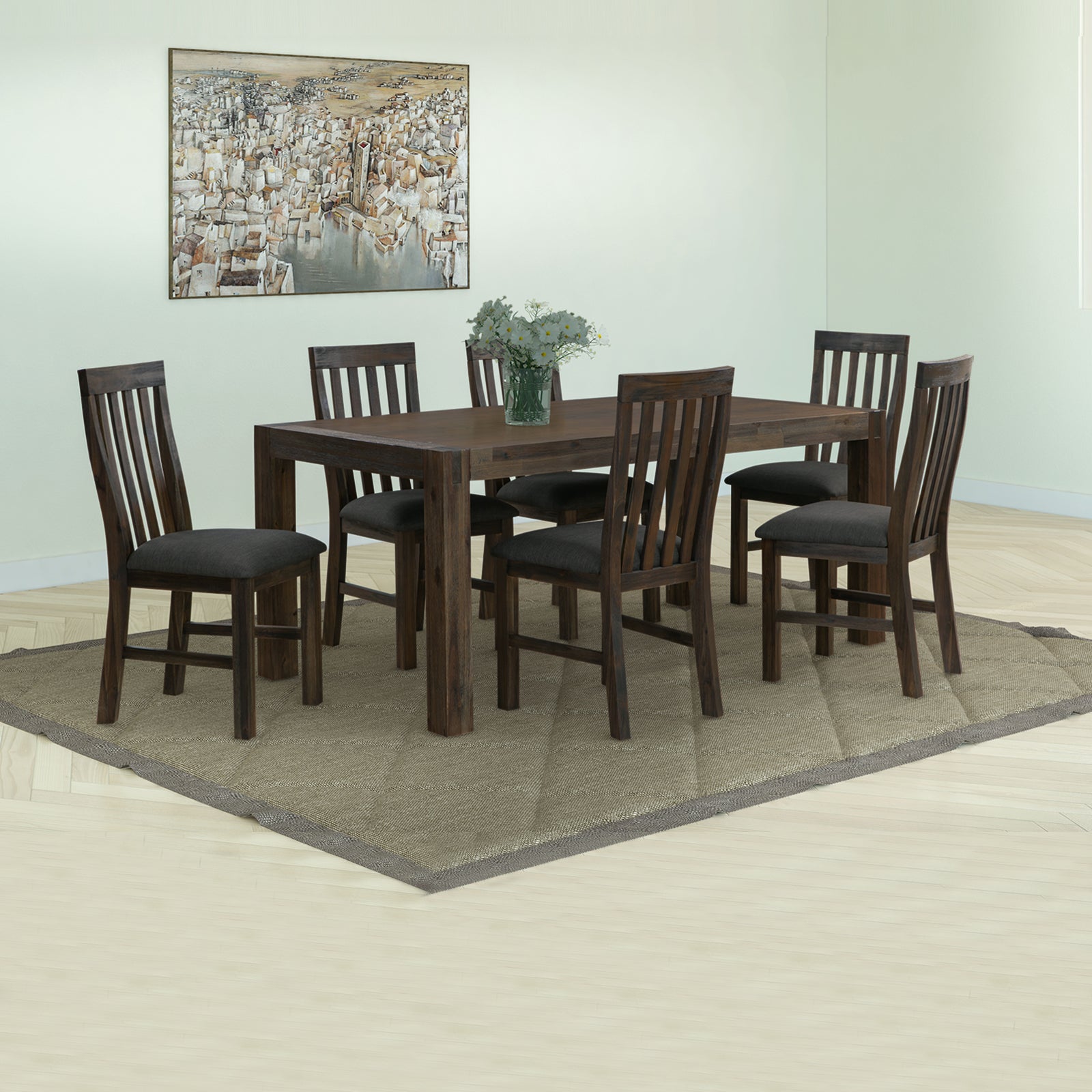 Solid Acacia Timber 7 Pieces Dining Set in Chocolate