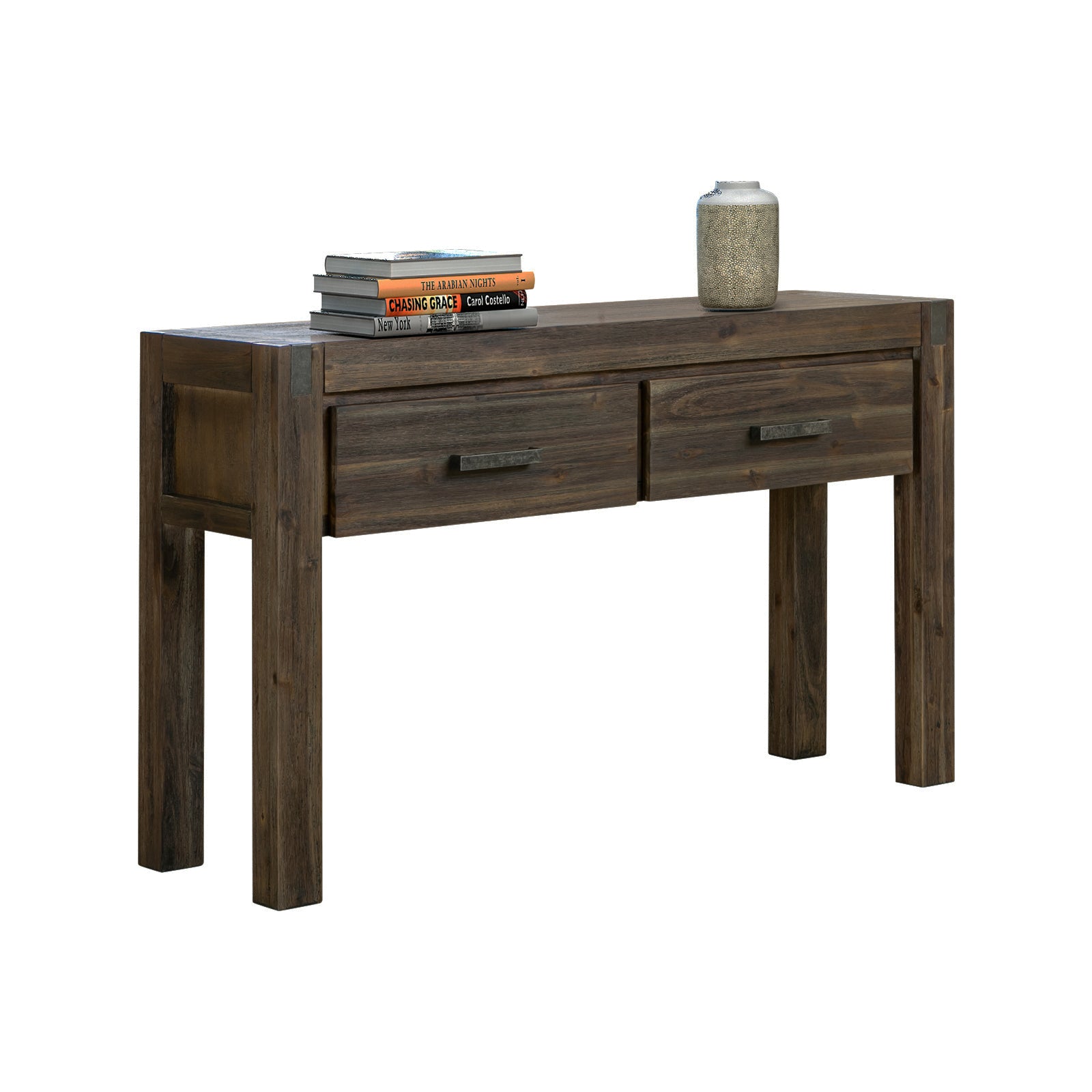 Rustic Solid Acacia Hall Table 2 Drawers with Metal Finish