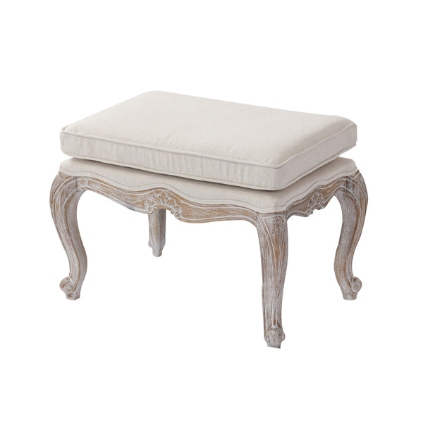 Beige Linen Ottoman, Oak Wood Frame, White Washed Finish