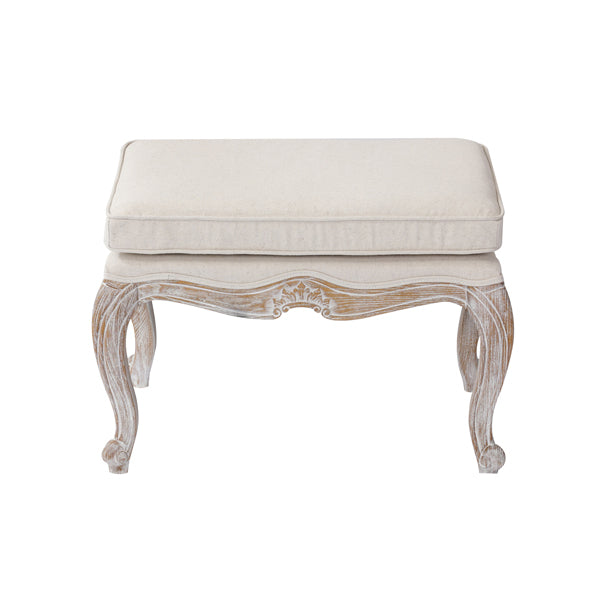 Beige Linen Ottoman, Oak Wood Frame, White Washed Finish