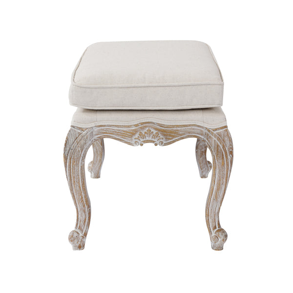 Beige Linen Ottoman, Oak Wood Frame, White Washed Finish