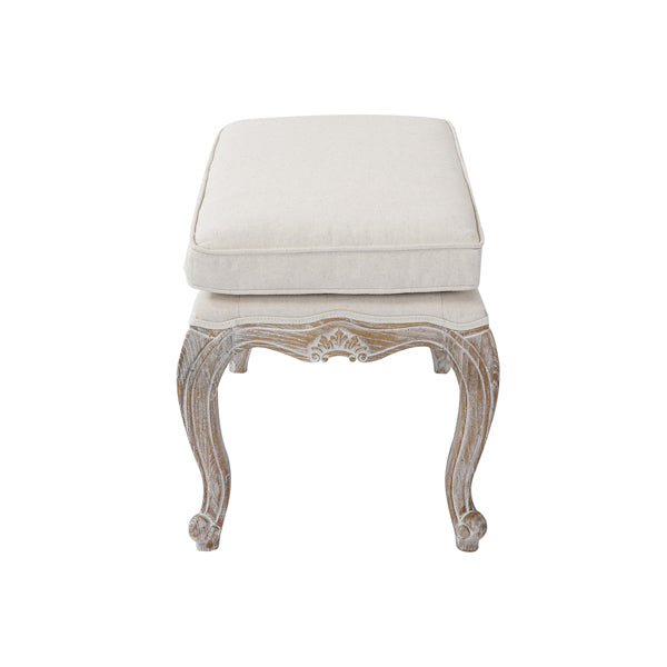 Beige Linen Ottoman, Oak Wood Frame, White Washed Finish