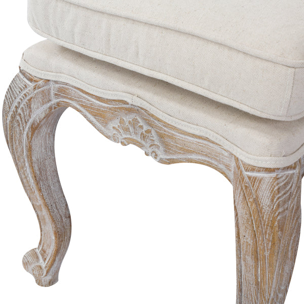 Beige Linen Ottoman, Oak Wood Frame, White Washed Finish