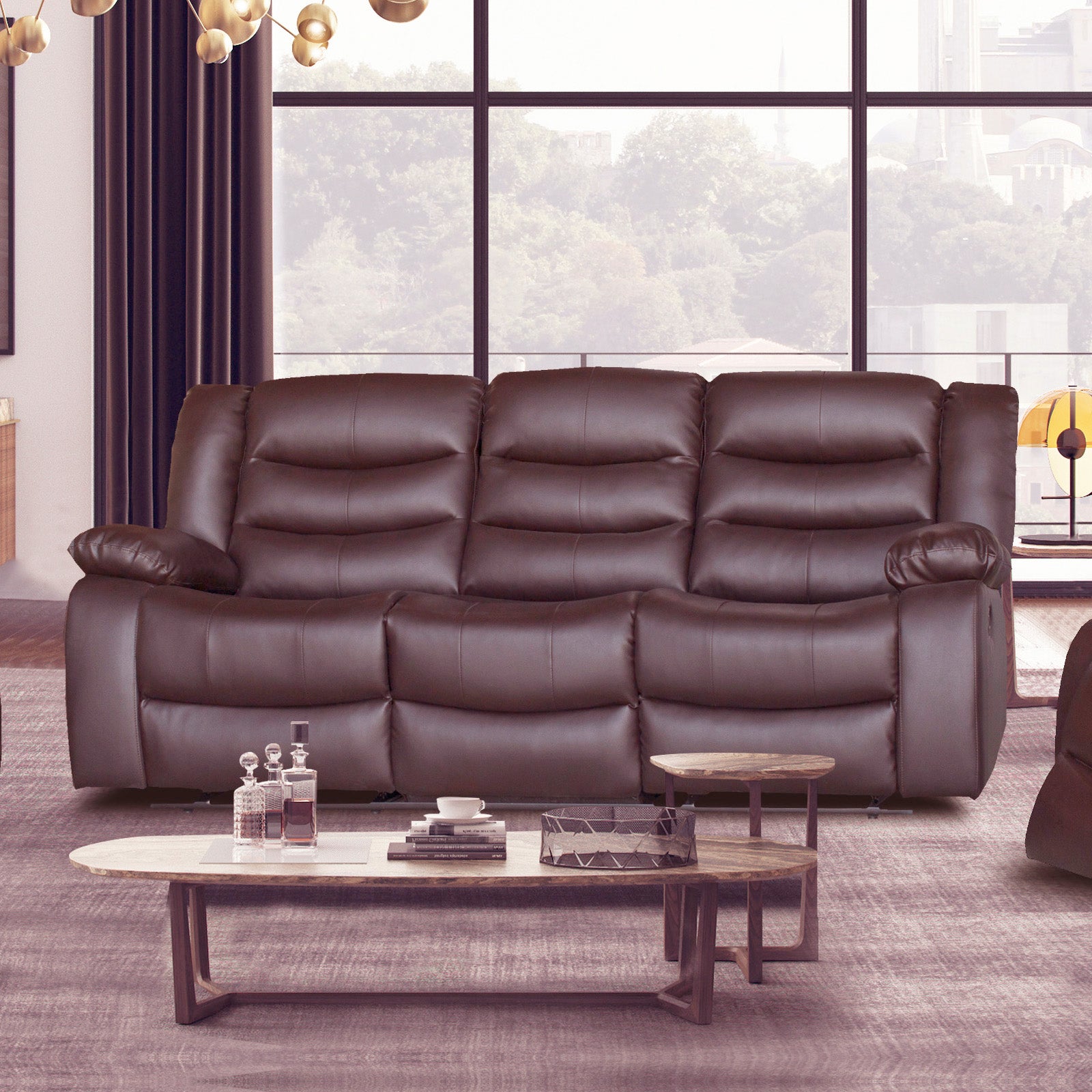 Luxurious 3 Seater Recliner Sofa with Wide Armrest in Brown