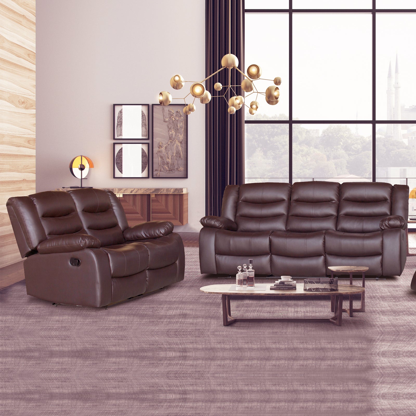 3+2 Seater Recliner Sofa, Faux Leather, Brown, High Density Foam