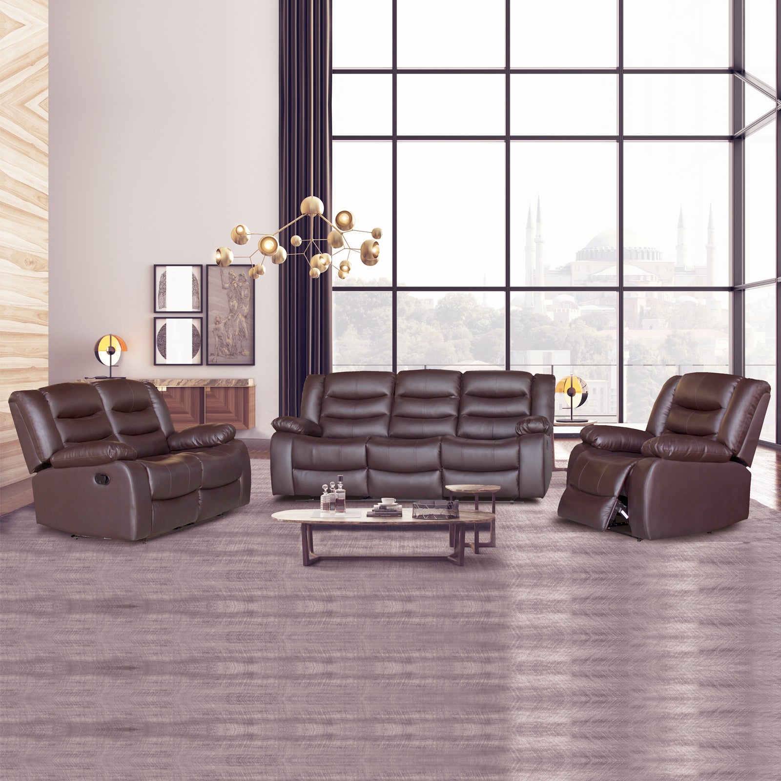 Luxurious 3+2+1 Seater Faux Leather Recliner Sofa in Brown