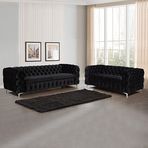 Stylish 3+2 Seater Black Velvet Sofa with Metal Legs