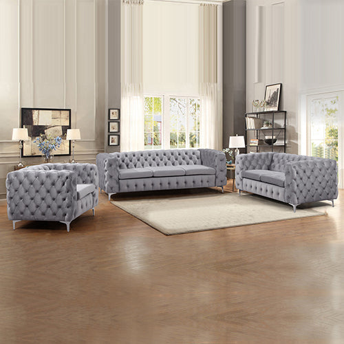 3+2+1 Seater Sofa Classic Button Tufted Lounge in Grey Velvet Fabric with Metal Legs