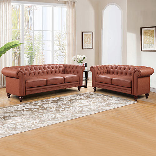 Luxurious Brown Faux Leather 3+2 Seater Chesterfield Sofa