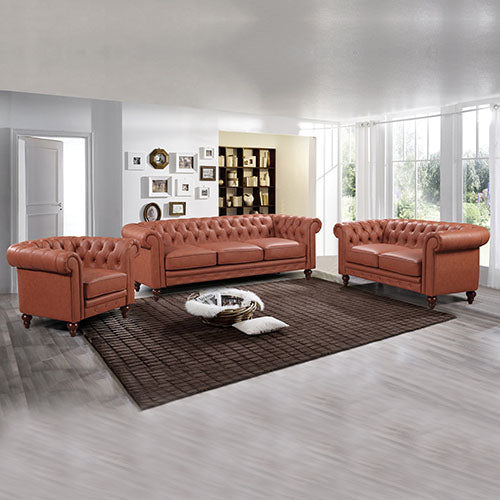 Luxurious Brown 3+2+1 Seater PU Leather Sofa Set, Button Tufted