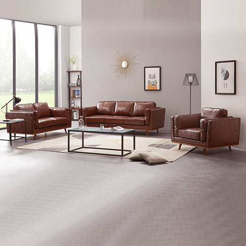 Brown Leather 3+2 Seater Sofa Set with Wooden Frame