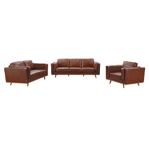 Brown Leather 3+2 Seater Sofa Set with Wooden Frame