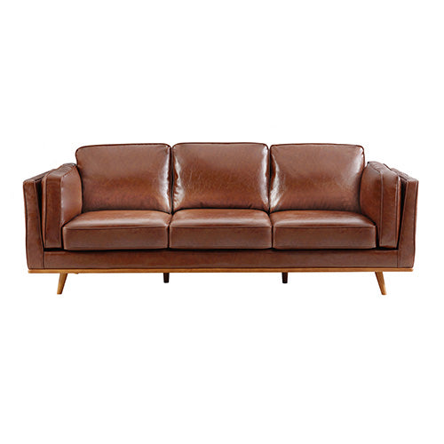 Brown Leather 3+2 Seater Sofa Set with Wooden Frame