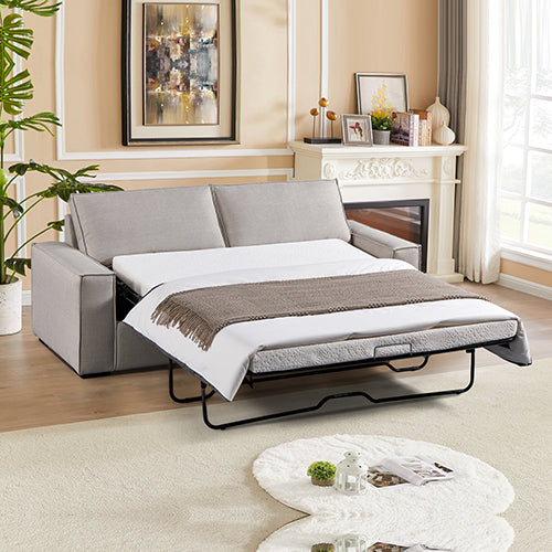 Sturdy Beige Sofa Bed with Fabric Upholstery and Mattress