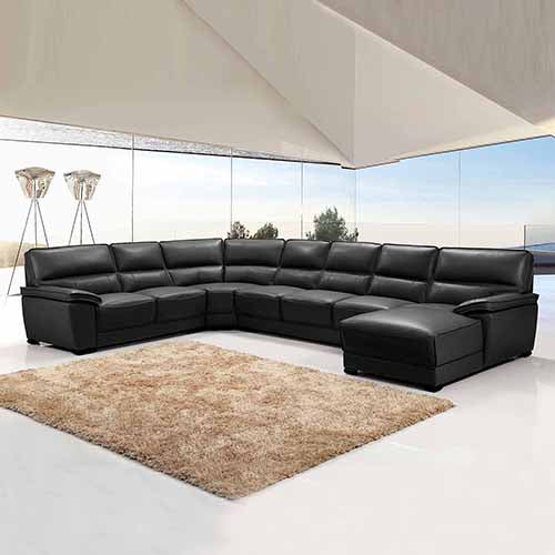 7 Seater Black Leatherette Corner Sofa with Chaise