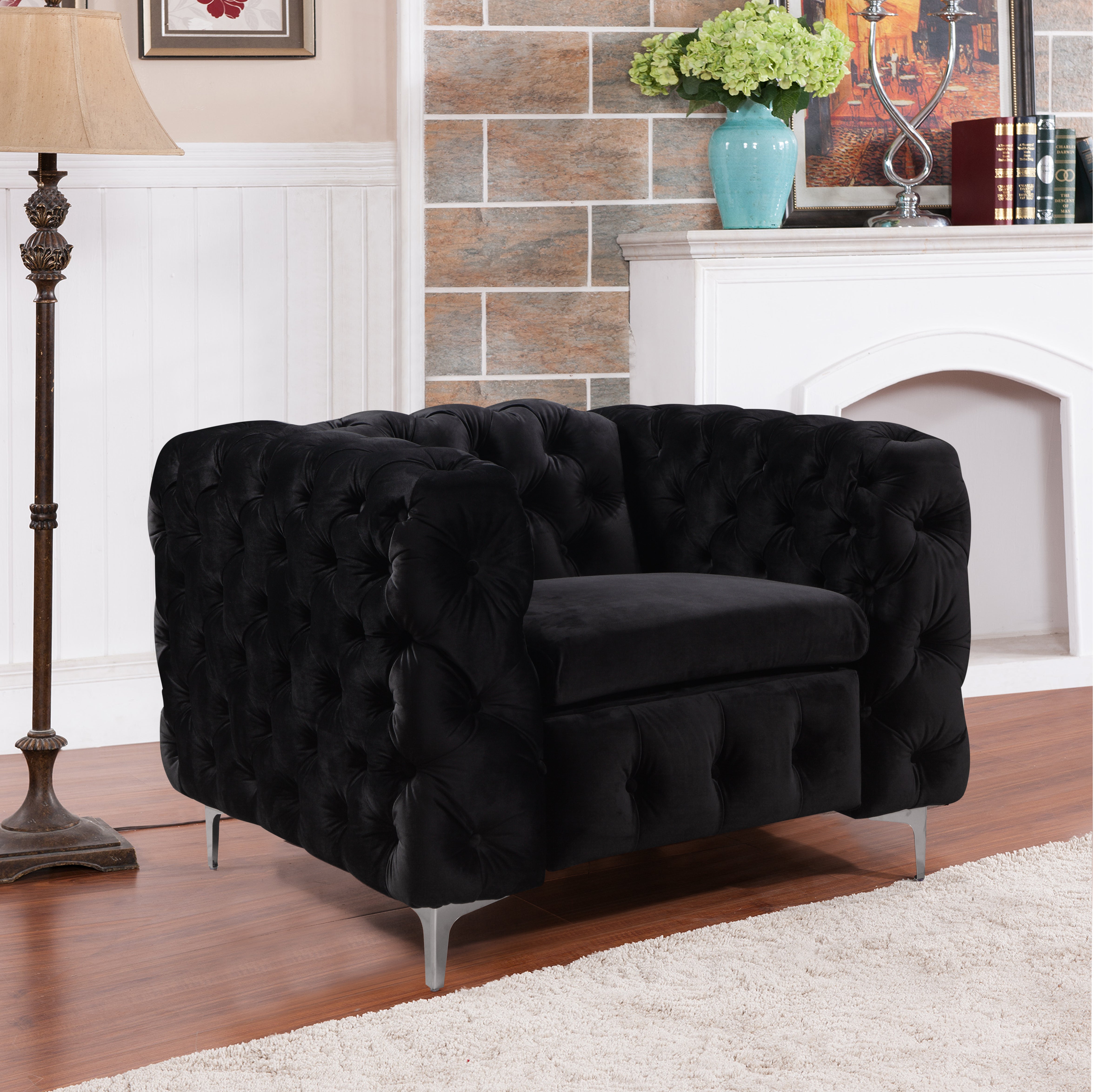 Premium Velvet Single Seater Sofa, Metal Legs, Button Tufted