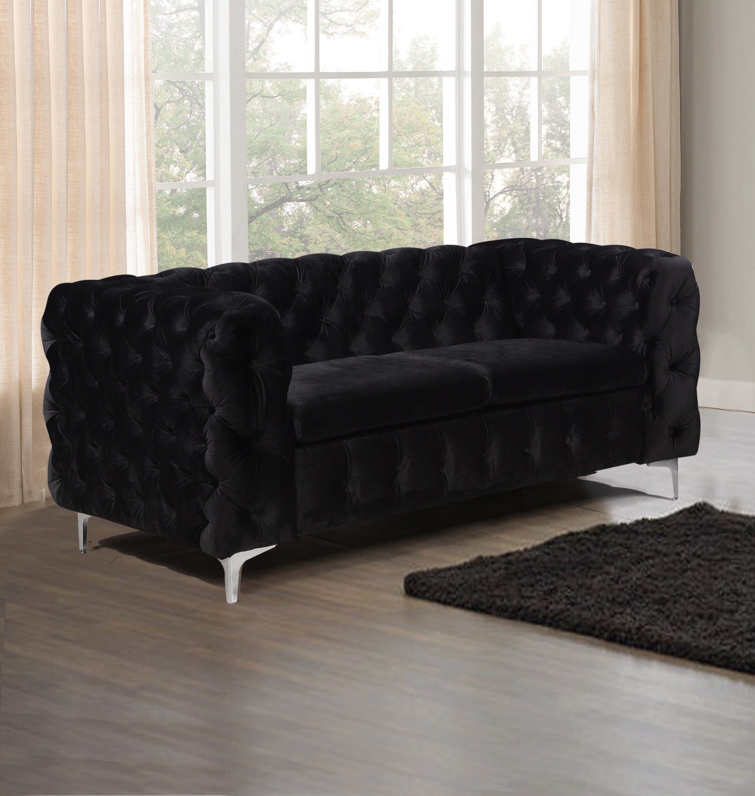 Black Velvet 2 Seater Sofa with Metal Legs, Button Tufted