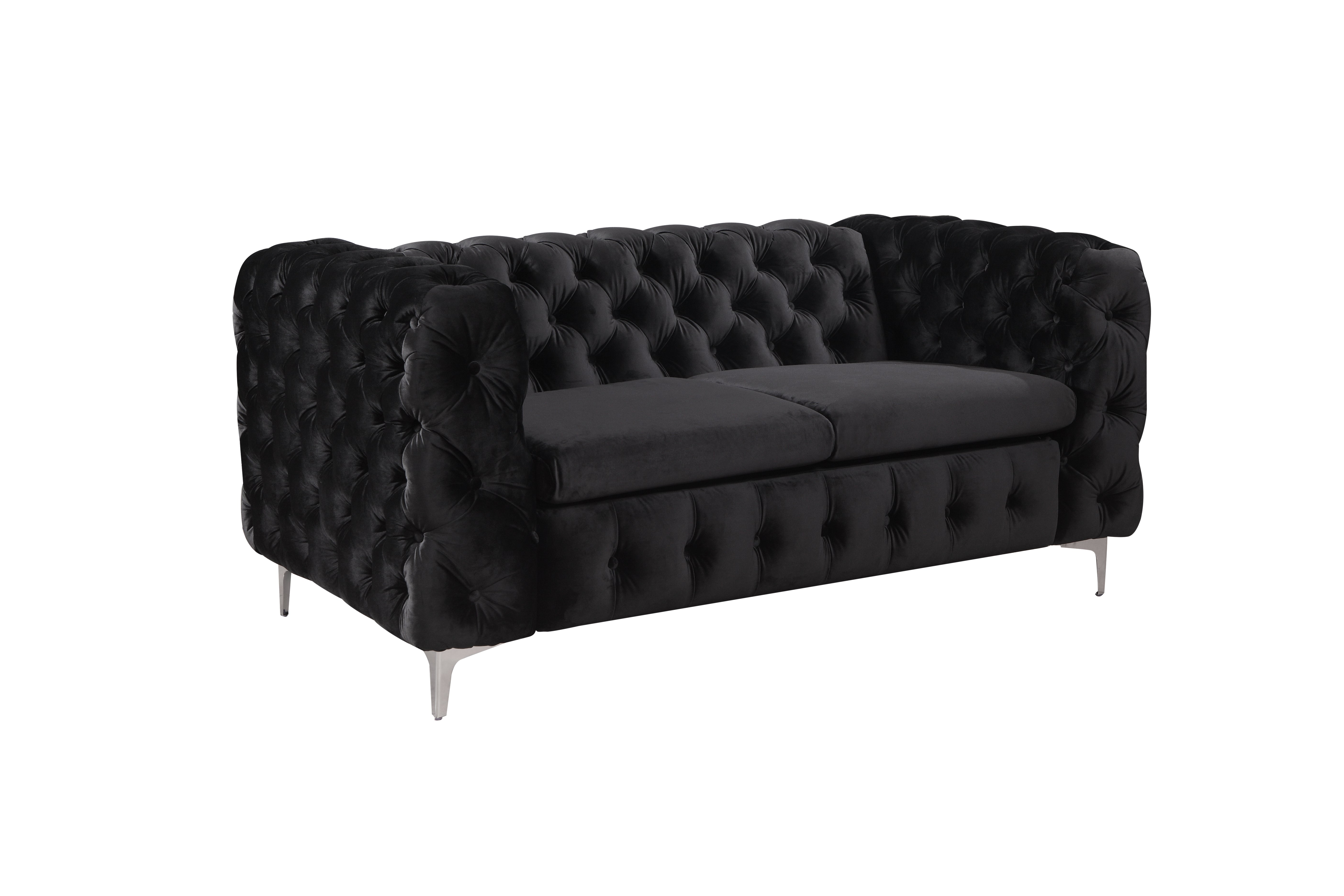 Black Velvet 2 Seater Sofa with Metal Legs, Button Tufted