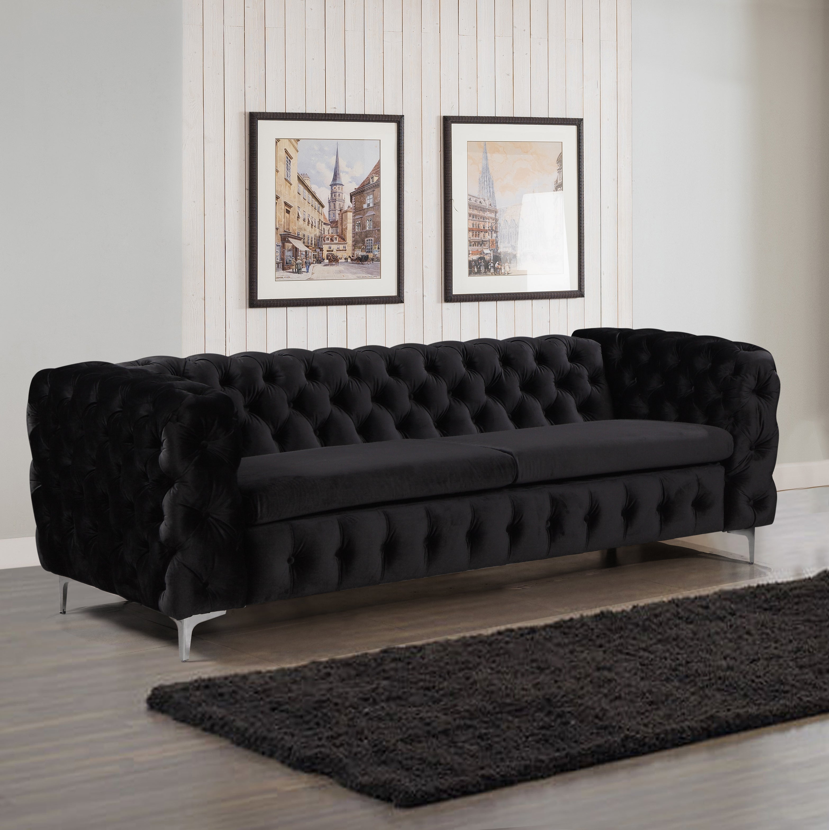 Black Velvet 3 Seater Sofa, Button Tufted, Metal Legs