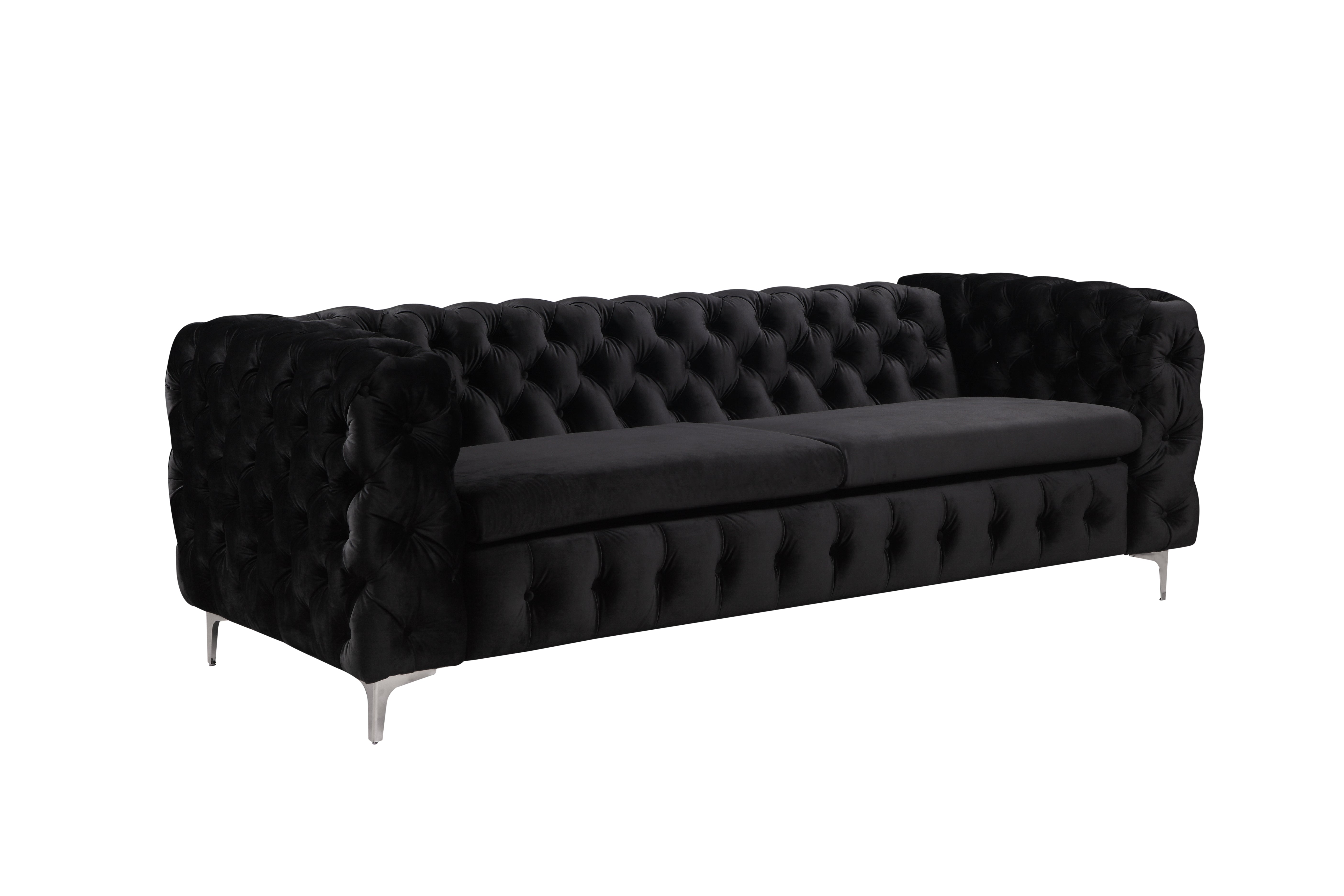 Black Velvet 3 Seater Sofa, Button Tufted, Metal Legs