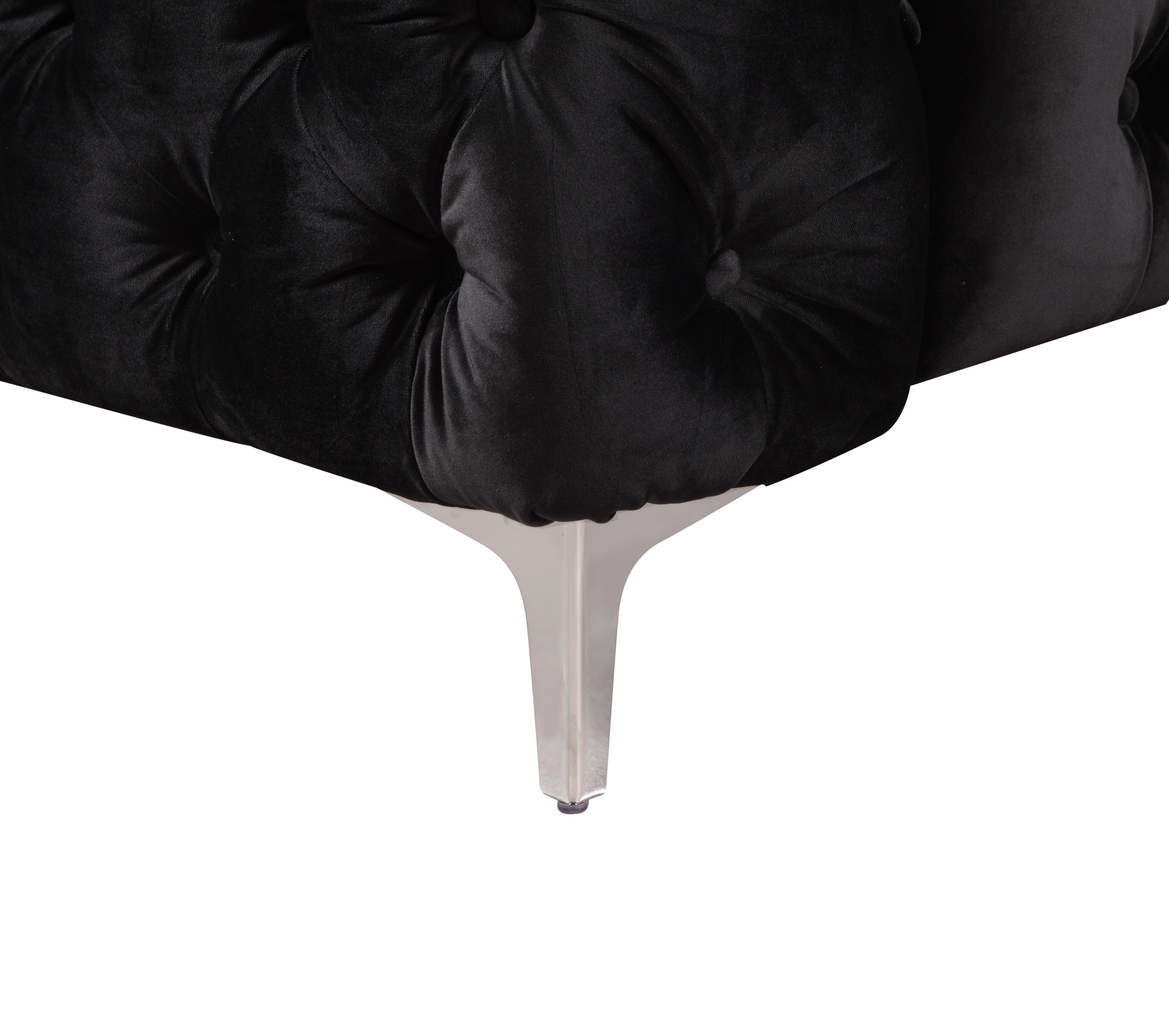 Black Velvet 3 Seater Sofa, Button Tufted, Metal Legs