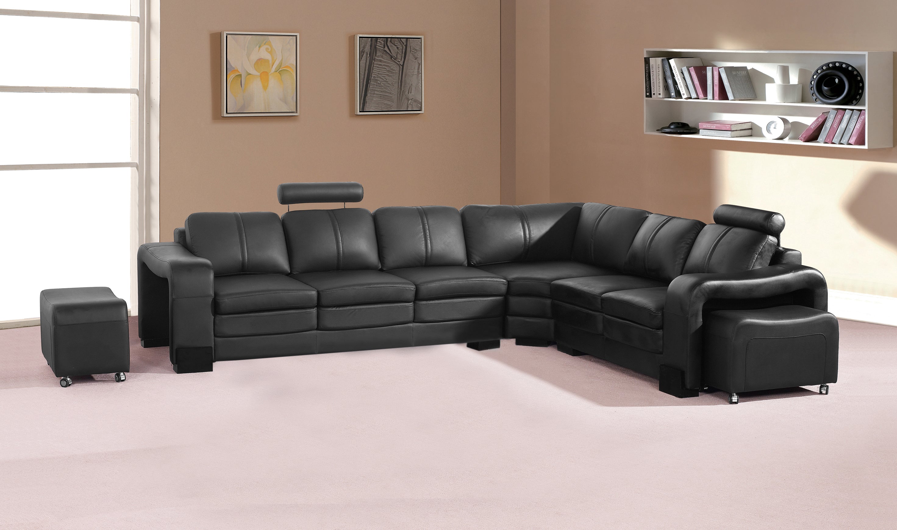 Adjustable Headrests 6 Seater Black Faux Leather Corner Sofa Set