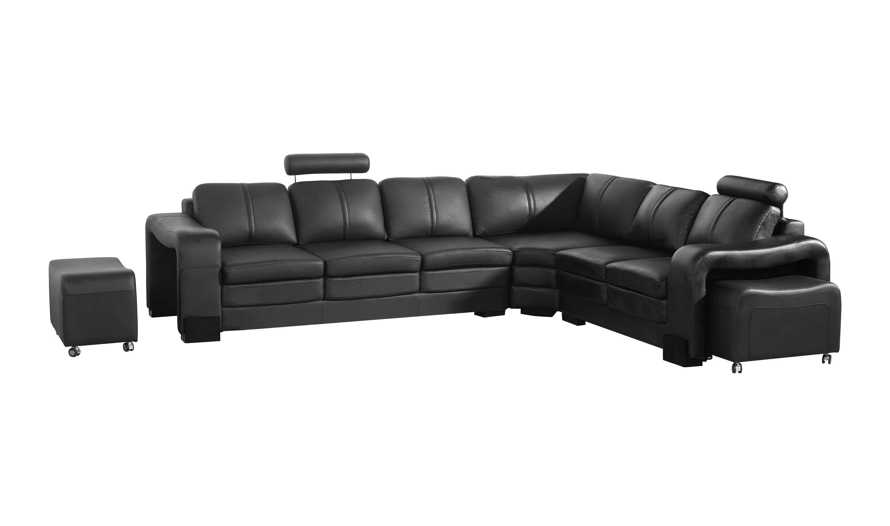 Adjustable Headrests 6 Seater Black Faux Leather Corner Sofa Set