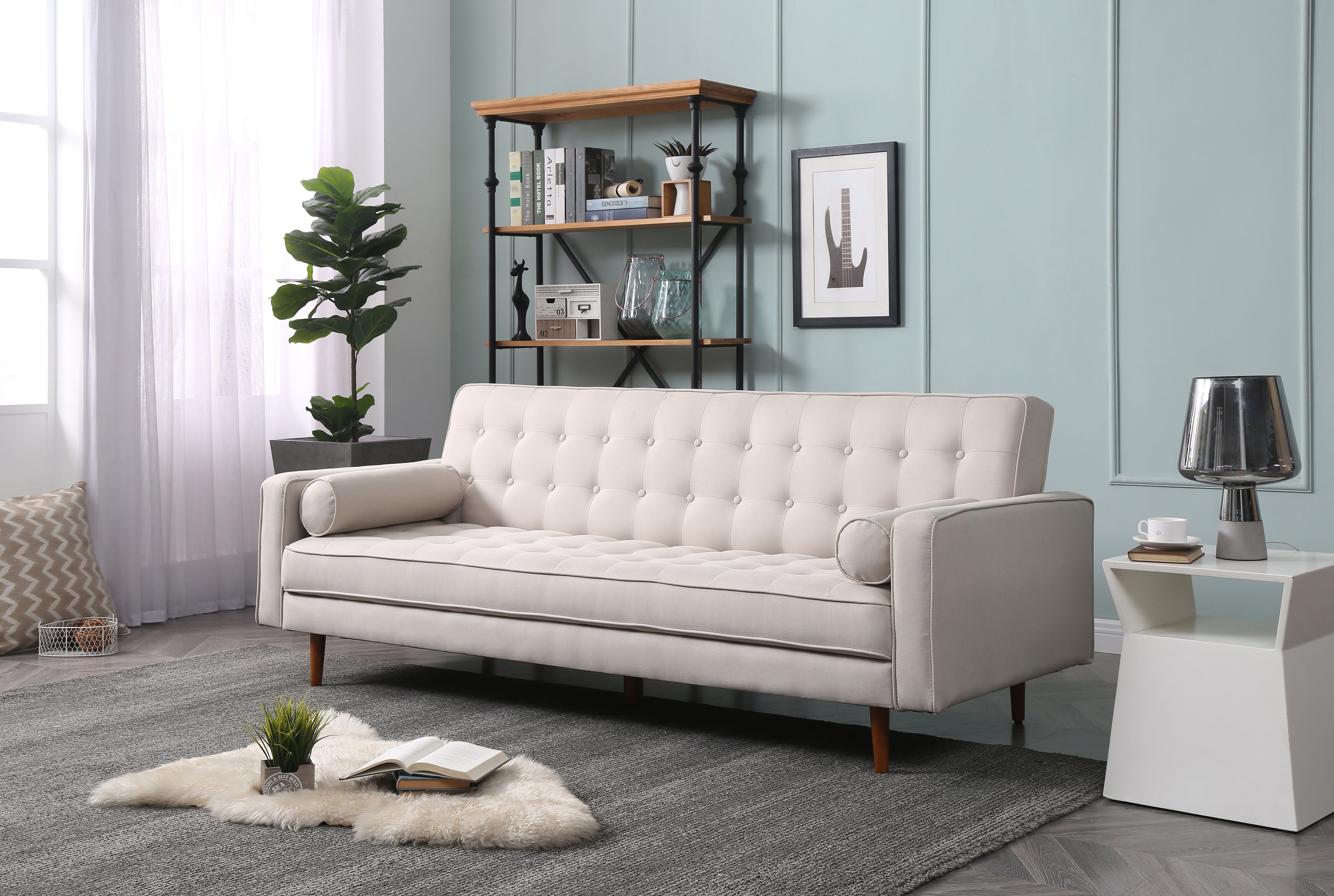 Cream Button Tufted 3 Seater Sofa Bed with Wood Legs