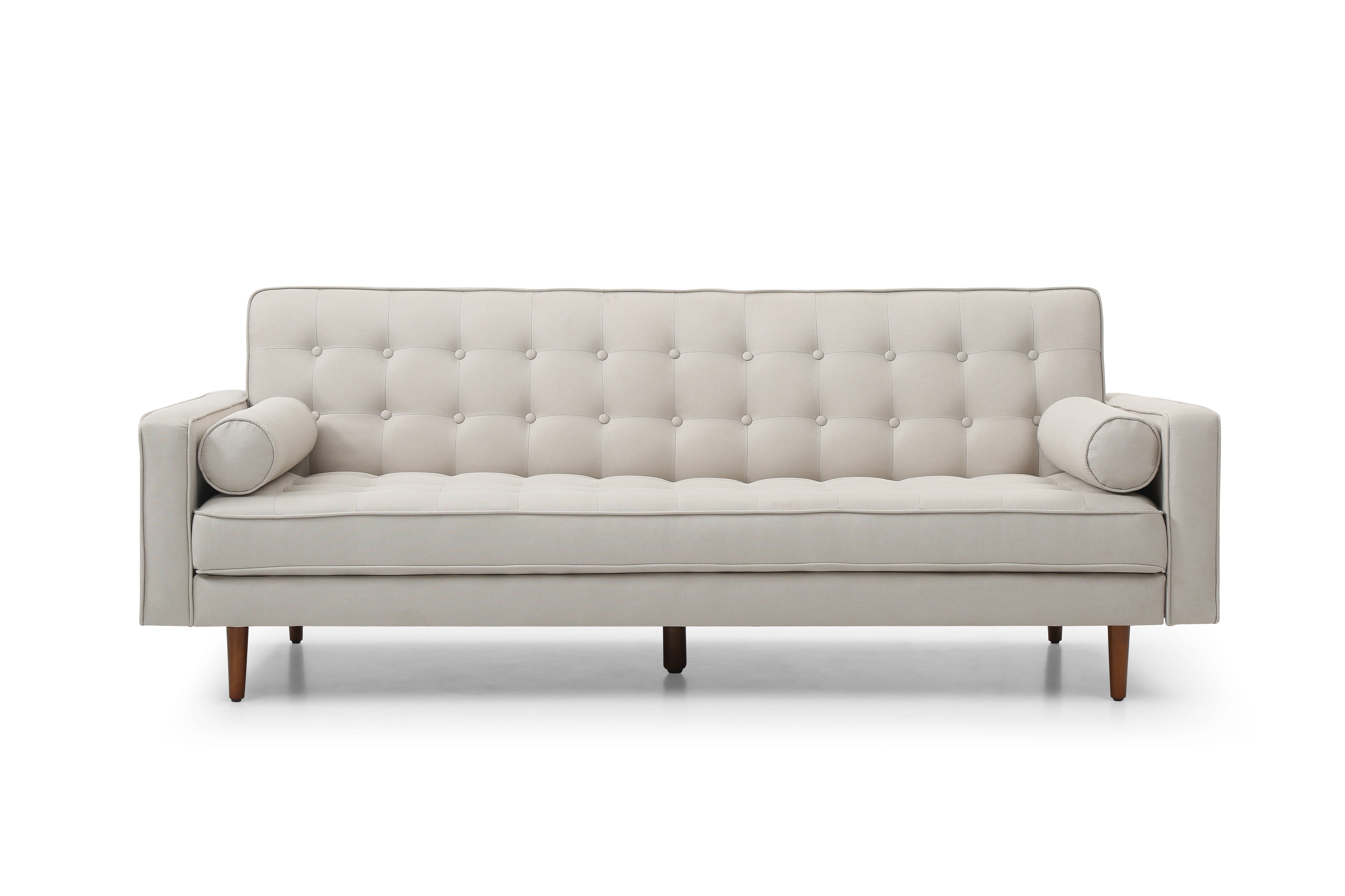 Cream Button Tufted 3 Seater Sofa Bed with Wood Legs