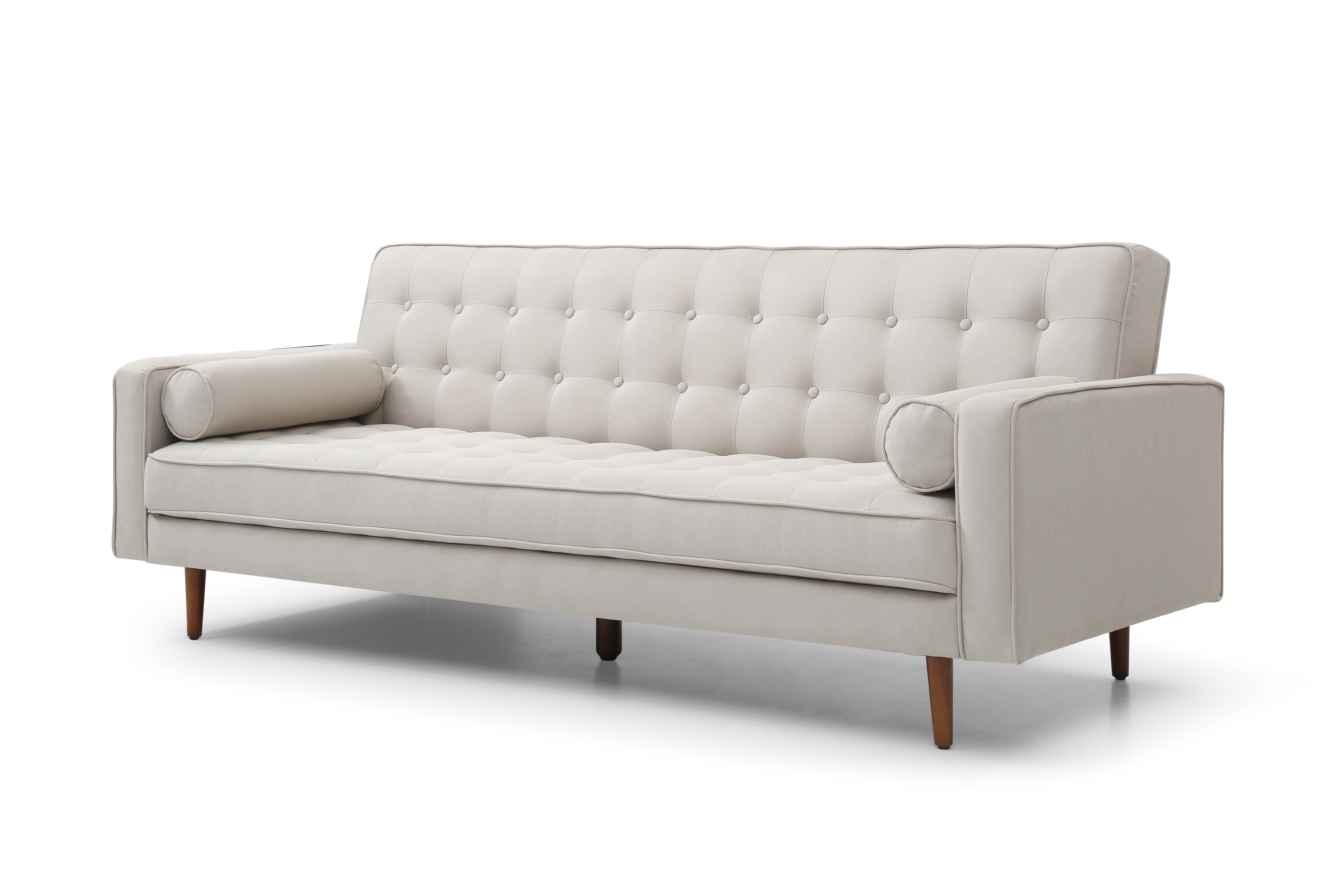 Cream Button Tufted 3 Seater Sofa Bed with Wood Legs