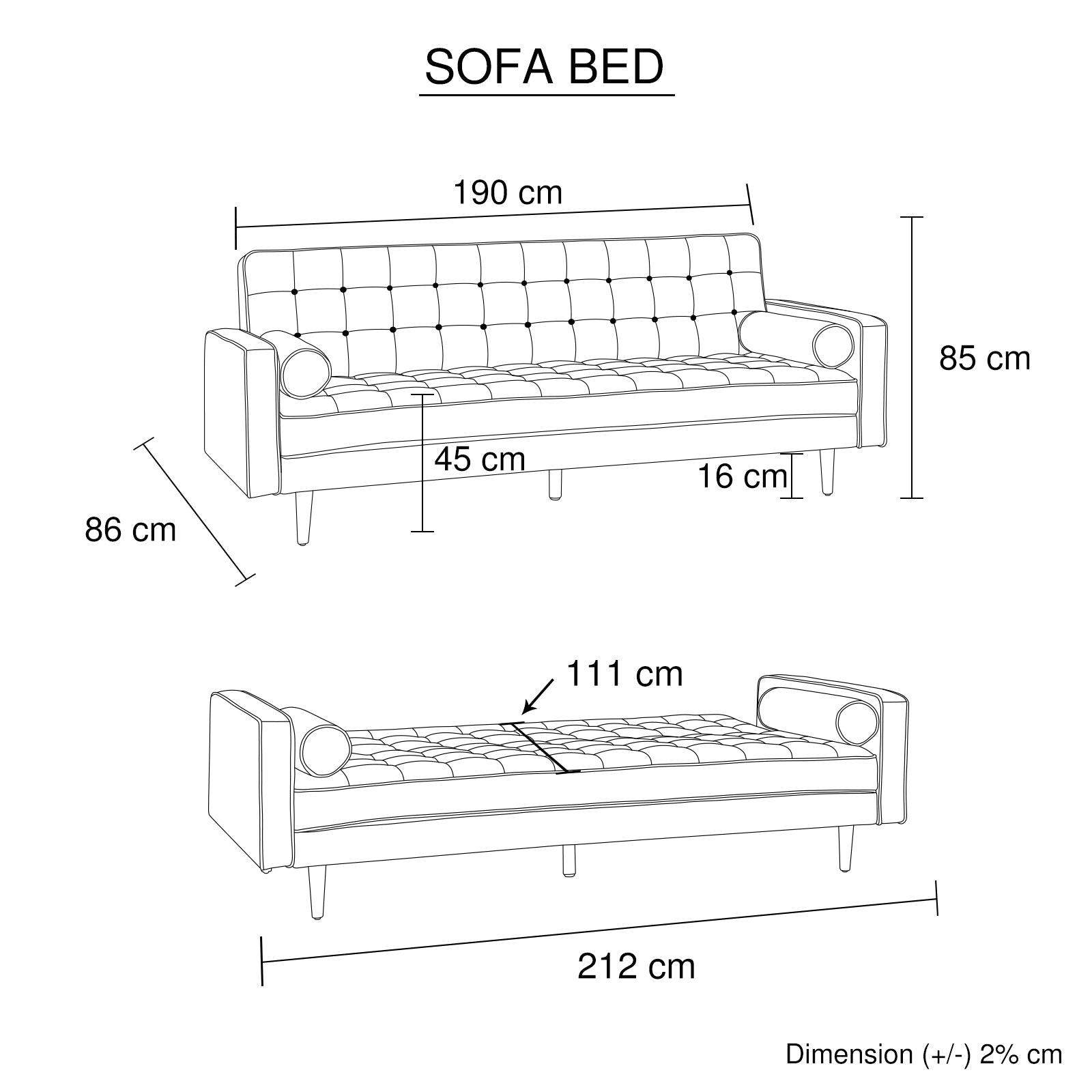 Cream Button Tufted 3 Seater Sofa Bed with Wood Legs