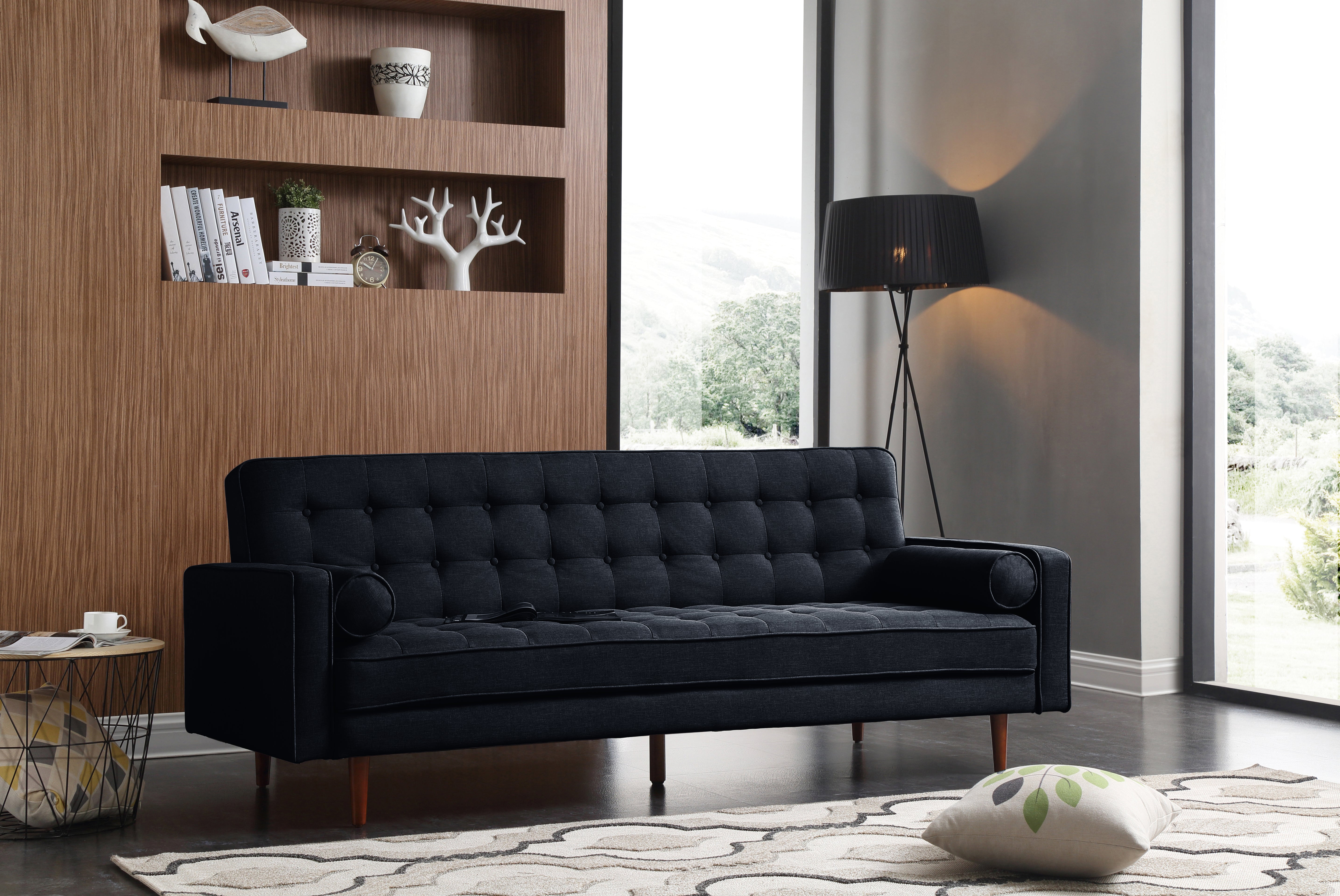 Velvet Black 3 Seater Sofa Bed, Button Tufted, Stain-Resistant